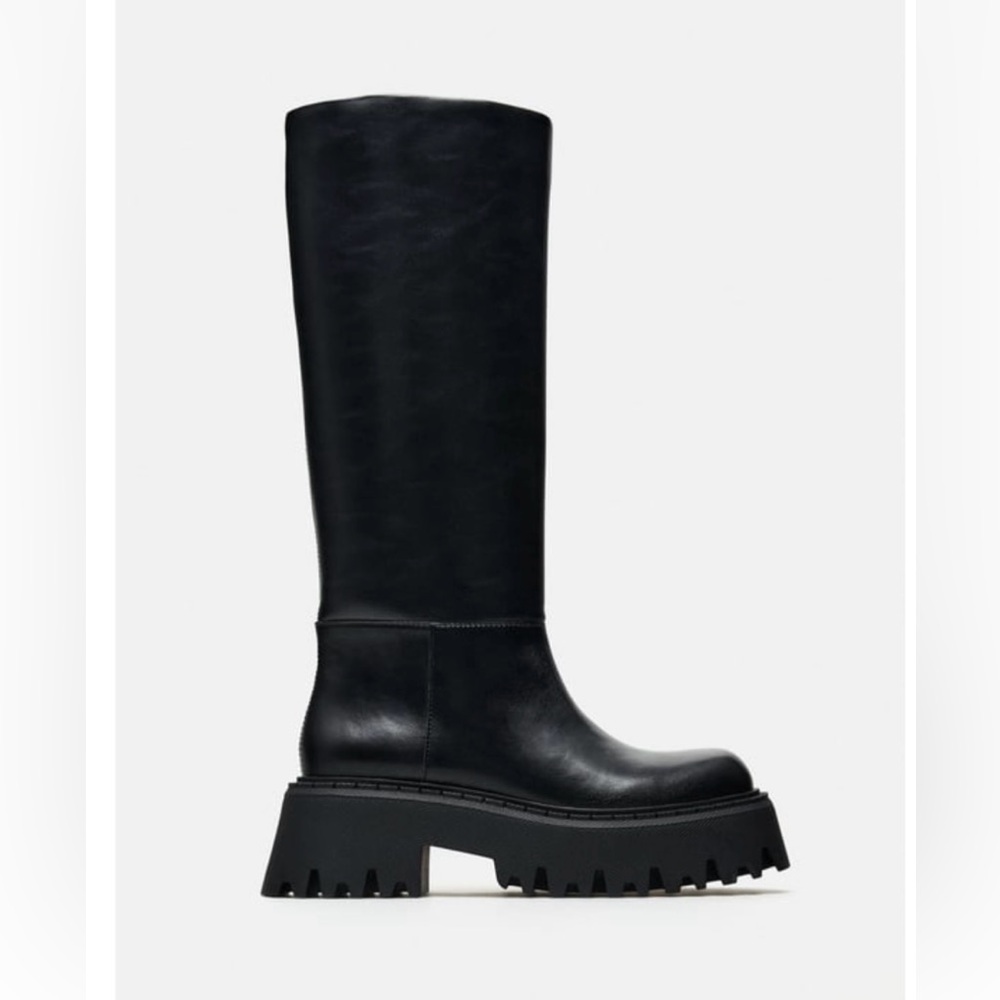 Zara Black Platform Knee-High Leather Boots